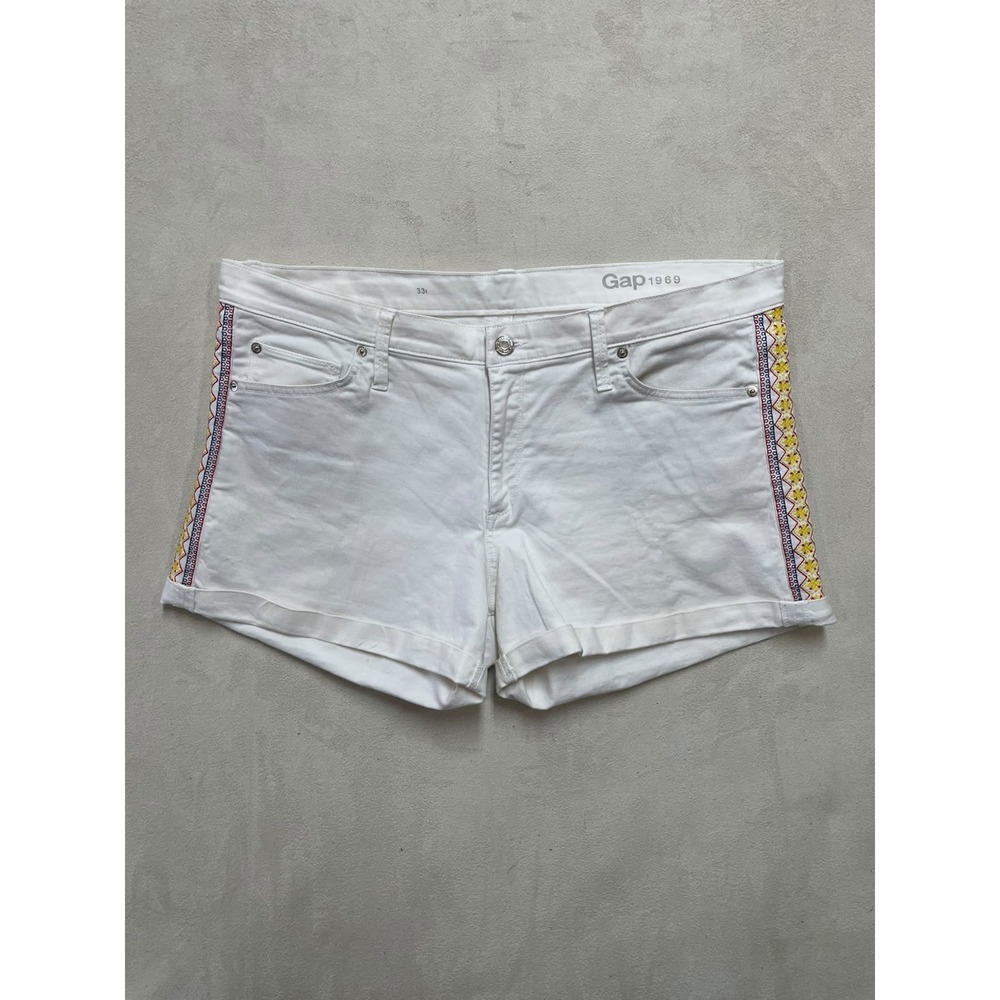 Gap 1969 White Denim Shorts Women 33 Embroidered Side Stripe Cuffed Boho